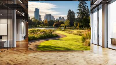 Beautiful city park with buildings in background. Urbanization and sustainable environment concept Wall mural