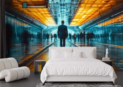 Businessman walking in illuminated subway station corridor Wall mural