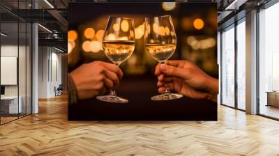 Couple toasting with white wine glasses at evening celebration Wall mural