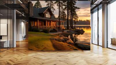 Cozy lakeside cabin at sunrise with warm glowing lights and tranquil water Wall mural