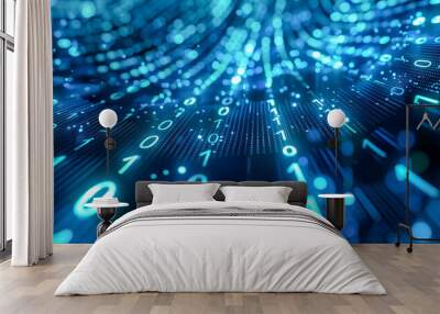 Digital binary code with glowing blue lights in a futuristic data stream Wall mural