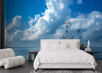 Fishing boat on calm sea under bright blue sky Wall mural