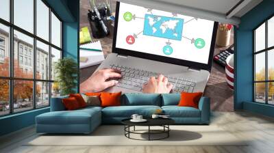 Global connection concept on a laptop screen Wall mural