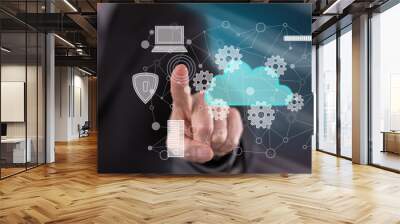 Man touching a cloud computing concept Wall mural