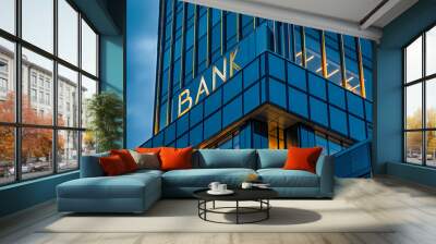 Modern bank building facade illuminated at twilight Wall mural