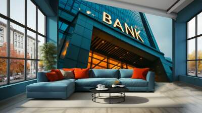 Modern bank building with illuminated sign in the evening Wall mural