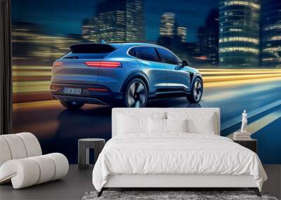 Modern electric suv speeding along urban highway at twilight Wall mural