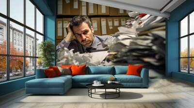 Tired and stressed businessman with piles of papers in the office Wall mural