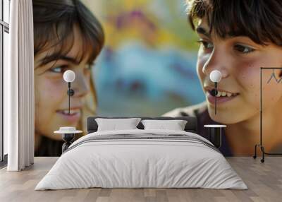 Two young children smiling and talking in a close-up shot Wall mural