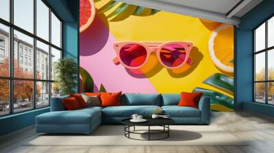 Vibrant summer composition with sunglasses and citrus fruits Wall mural