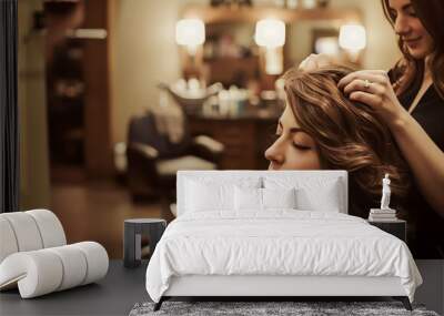 Woman enjoying a hair treatment at a salon Wall mural