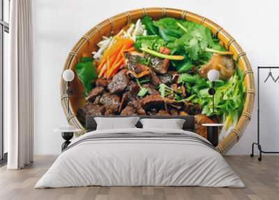 A bowl of Beef Bo Bun, a Vietnamese dish.  Grilled beef, fresh herbs, salad, rice noodles.  White background. Appetising, delicious, flavorful. Wall mural