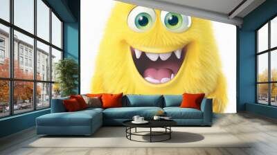 A cheerful, fluffy yellow monster grins widely, showcasing bright green eyes and sharp, playful teeth.  Pure joy radiates! Wall mural