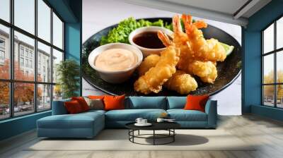 Crispy Tempura Shrimp with Dipping Sauces Wall mural