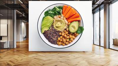 Delicious and Healthy Vegan Buddha Bowl with Quinoa, Chickpeas, Avocado, Carrots, and Hummus Wall mural