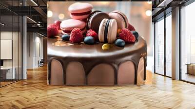 Delicious Chocolate Cake with Macarons and Berries Wall mural