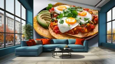 Mexican Breakfast with Eggs, Salsa, and Avocado on Tortillas Wall mural