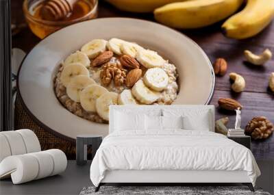 Oatmeal with Banana, Nuts, and Honey for a Healthy Breakfast Wall mural