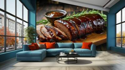 Sliced Barbecue Beef Brisket on a Cutting Board with Rosemary and Sauce Wall mural