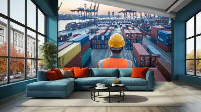 Worker standing in a shipping container terminal with an orange vest and yellow hard hat looking Wall mural