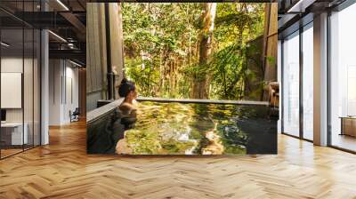 beautiful asian woman bathes nude in onsen Wall mural