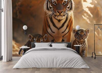 A mother tiger with her two tiny cubs relaxing in the sand. Wall mural