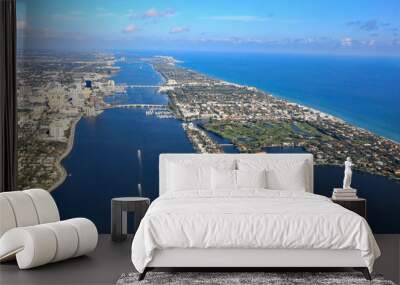 Aerial view of downtown West Palm Beach, Florida, with the Lake Worth Lagoon, and Palm Beach,  in South Florida. Wall mural