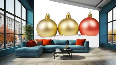 Snow covered Christmas Balls in a row,isolated on white backgrou Wall mural