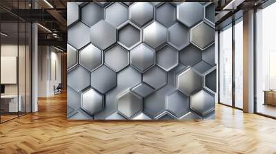 Futuristic background with a seamless hexagon pattern in gleaming silver Wall mural