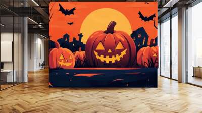 Glowing Pumpkins and Bats on a Spooky Halloween Night Wall mural