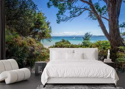 Amazing view to small paradise like island sandy beach with turquoise blue water and green shore jungle forest on warm sunny clear sky day camping ground, Jetty Beach Bruny Island, Tasmania, Australia Wall mural