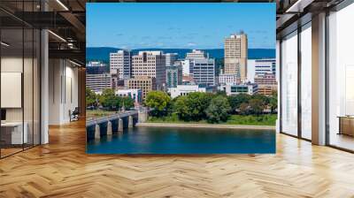 Late summer, early fall aerial, drone, photo of the Harrisburg Pennsylvania skyline and the Susquehanna River.  September 2024. Wall mural