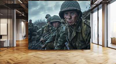 Photo of World War II marines, WWII, soldiers, war scene, soldiers fighting in war, a group of soldiers during second world war, camaraderie, soldier in combat Wall mural