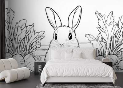 Smiling rabbit with long ears and carrots – child-friendly coloring page Wall mural