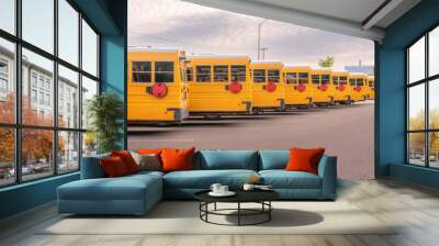 Yellow electric school bus plugged in at a charging station. Wall mural