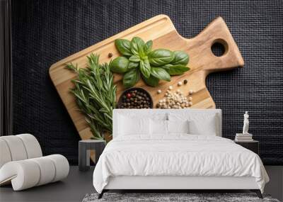 A realistic image of a polished wooden cutting board with fresh herbs and spices
 Wall mural