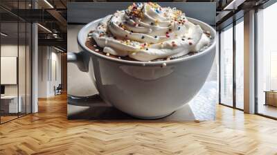 A realistic image of a steaming cup of hot chocolate with whipped cream and sprinkles Wall mural