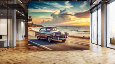 A retro-style of a vintage car driving along a coastal road Wall mural