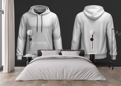 White black hoodie front back mockup. Fashionable template sweatshirt casual clothes with hood cotton vector textile unisex set for sports Wall mural