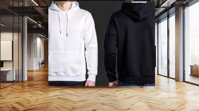 White black hoodie front back mockup. Fashionable template sweatshirt casual clothes with hood cotton vector textile unisex set for sports Wall mural