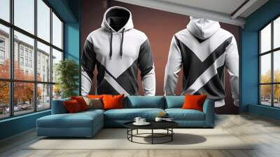 White black hoodie front back mockup. Fashionable template sweatshirt casual clothes with hood cotton vector textile unisex set for sports Wall mural