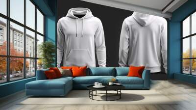 White black hoodie front back mockup. Fashionable template sweatshirt casual clothes with hood cotton vector textile unisex set for sports Wall mural