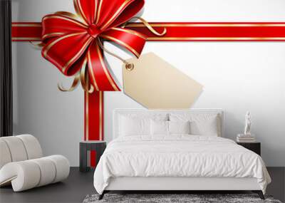 Red and gold vector gift bow with a blank tag and ribbons Wall mural