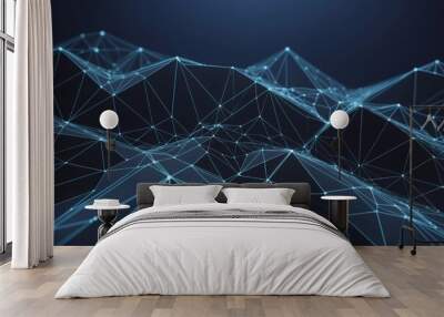 abstract wave shape on a low-polygonal triangular background for design on the topic of cyberspace, big data, metaverse, network security, data transfer on dark blue abstract cyberspace background Wall mural