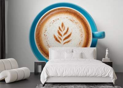 Cappuccino or latte with frothy foam, blue coffee cup top view closeup isolated on white background Wall mural