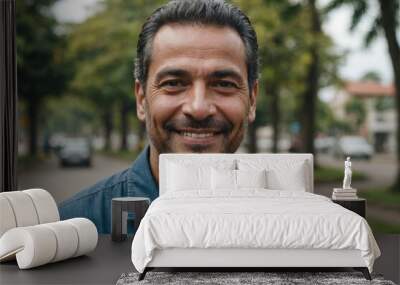 Close portrait of a smiling 40s Colombian man looking at the camera, Colombian outdoors blurred background Wall mural