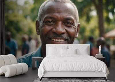 Close portrait of a smiling senior Haitian man looking at the camera, Haitian outdoors blurred background Wall mural