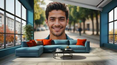 Close portrait of a smiling young Algerian man looking at the camera, outdoors blurred background Wall mural