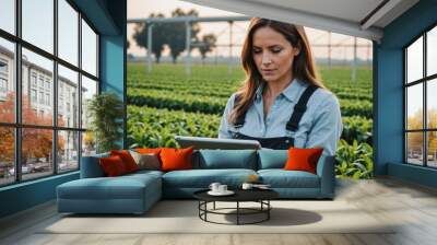 Close-up of female entrepreneur holding digital tablet examining irrigation equipment Wall mural