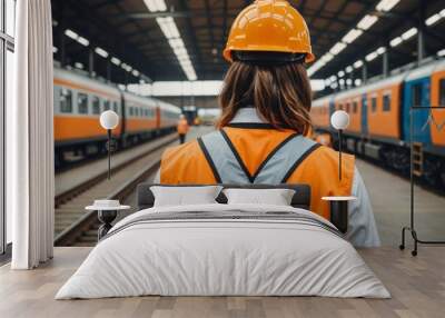 Female engineer with orange hard hat and safety vest is seen from behind, observing train inside maintenance depot. Wall mural